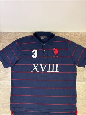 90’s Vintage U.S. Polo Assn. XL Navy Red Stripe Big Pony Logo Polo Shirt